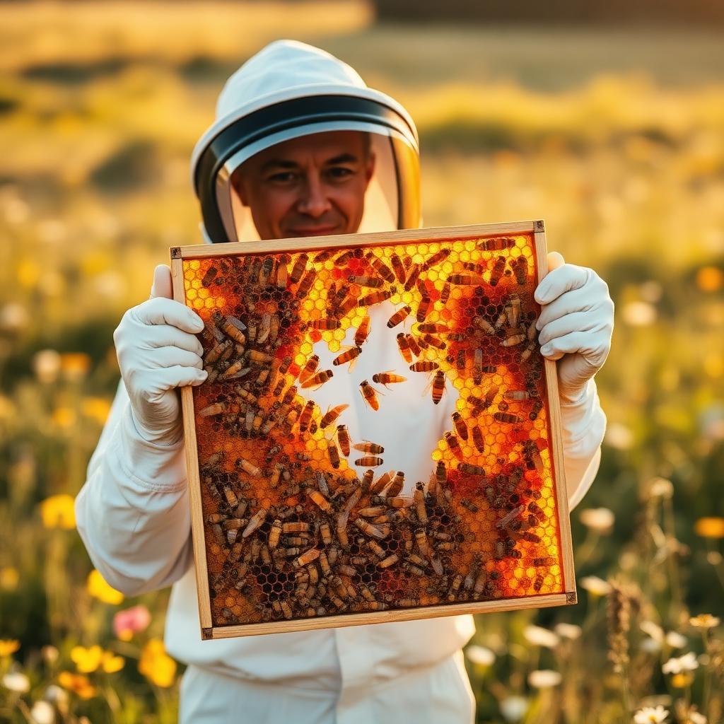 Beekeeper holding a frame of honeycomb
